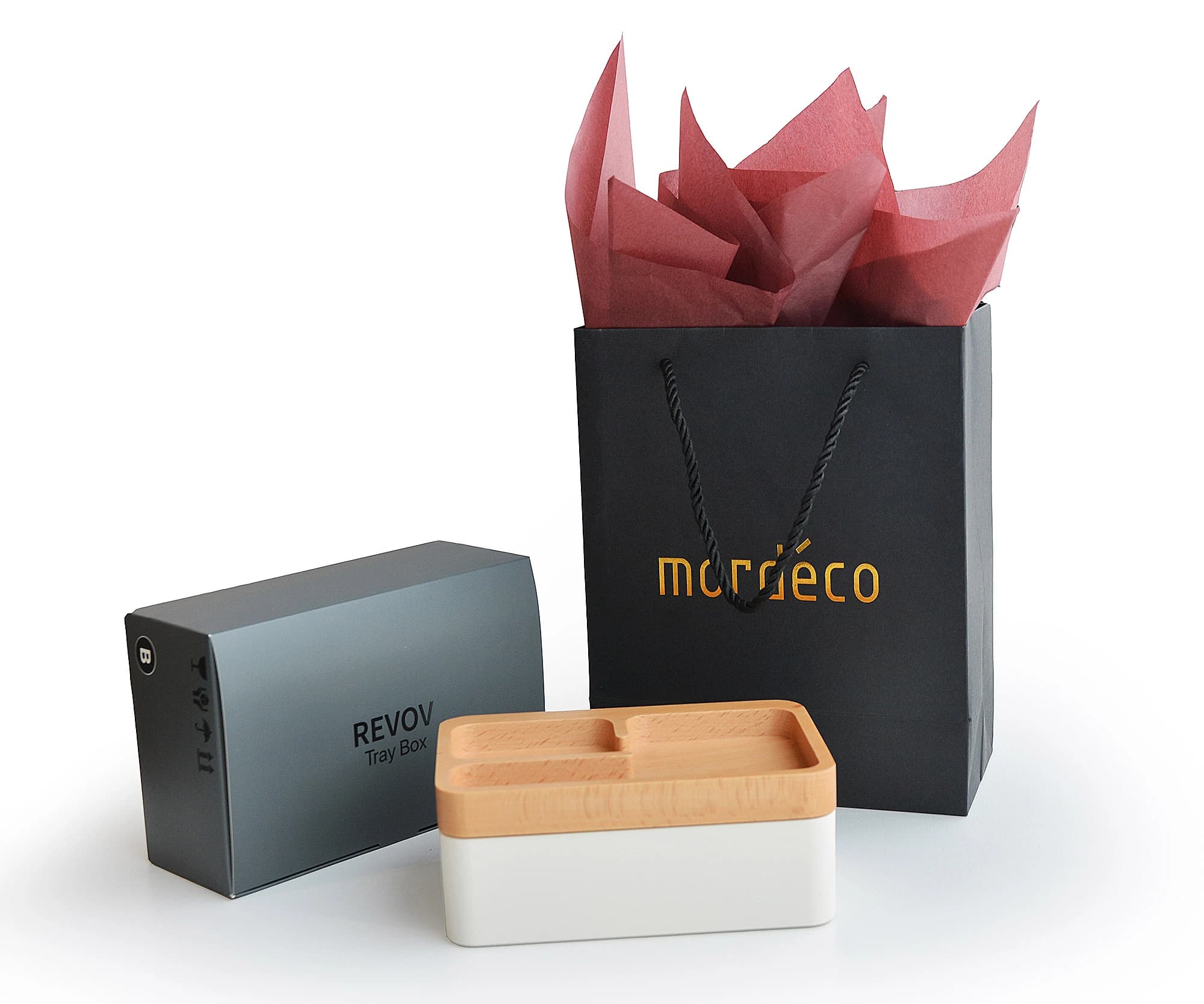 Mordeco Revov Tray Box magnetic wood-lid rotating desk organizer in birch and white with branded gift bag and packaging, EDC valet tray gift