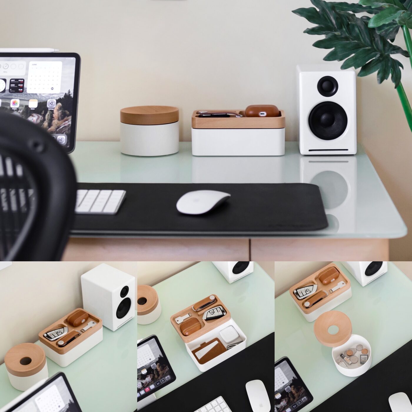 Two Revov Coin Storage boxes on a home office desk beside a speaker and laptop