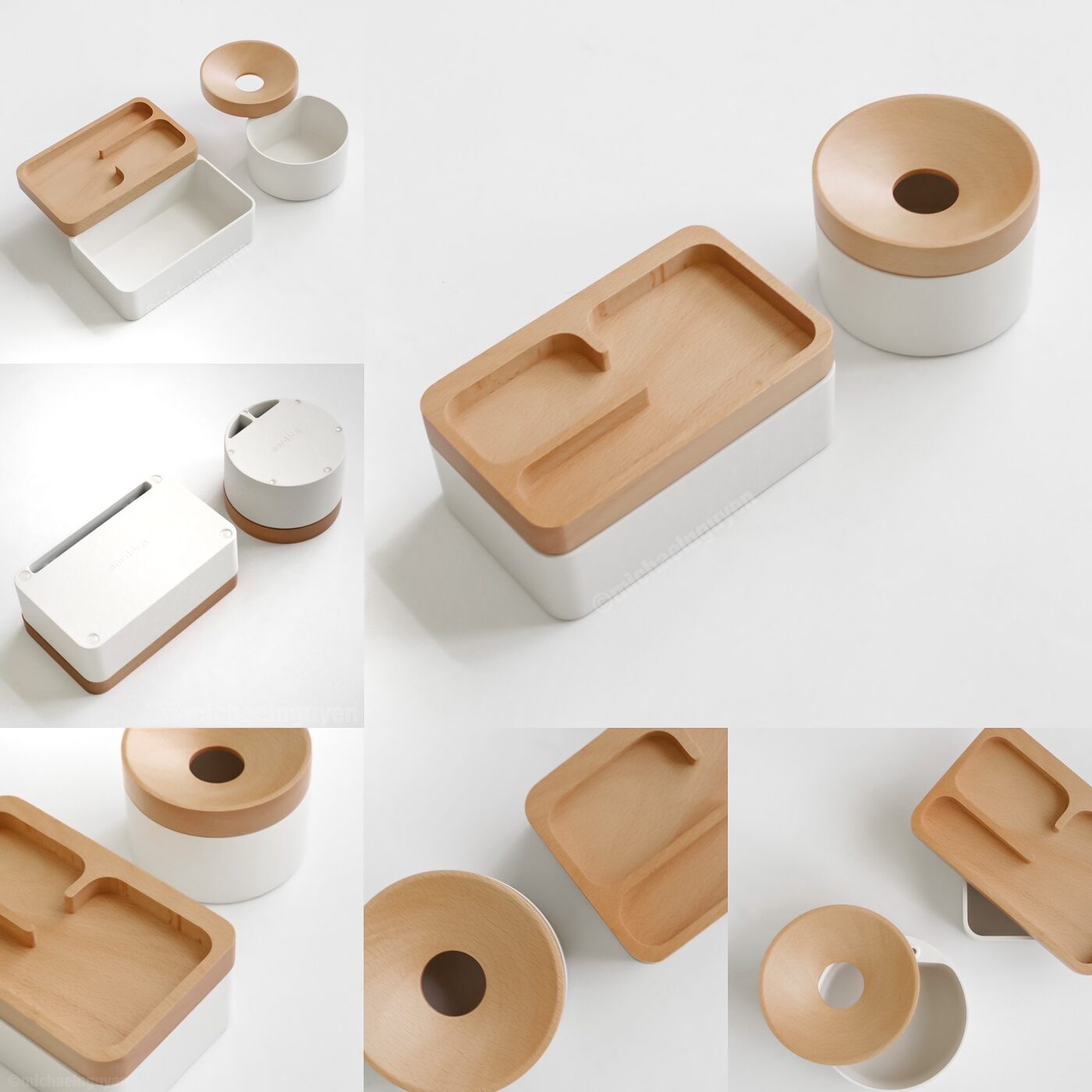 Beech and walnut lid Revov Coin Storage boxes open side by side, showing coins inside