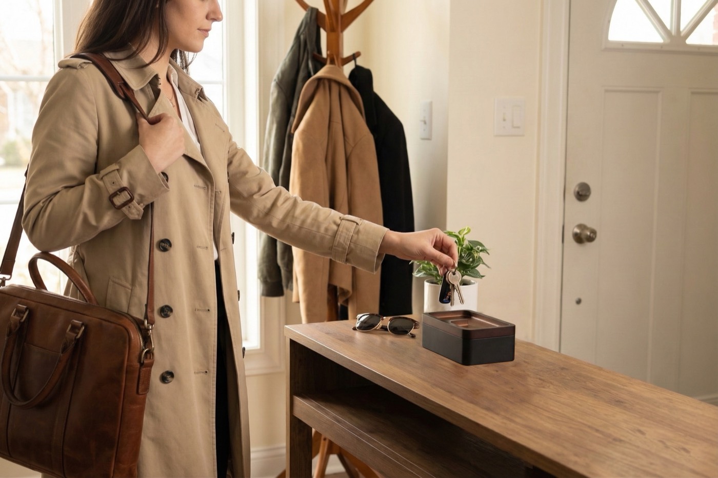 Woman picking up her keys from a Revov Tray Box on an entryway table before heading out