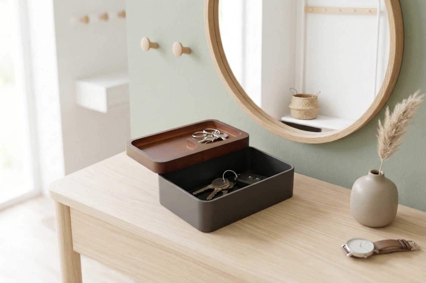 Revov Tray Box open on a vanity table with keys inside, beside a round mirror